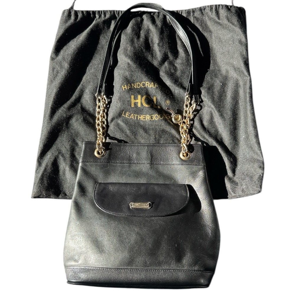 Vintage HCL Black Leather Handbag with Gold Accents